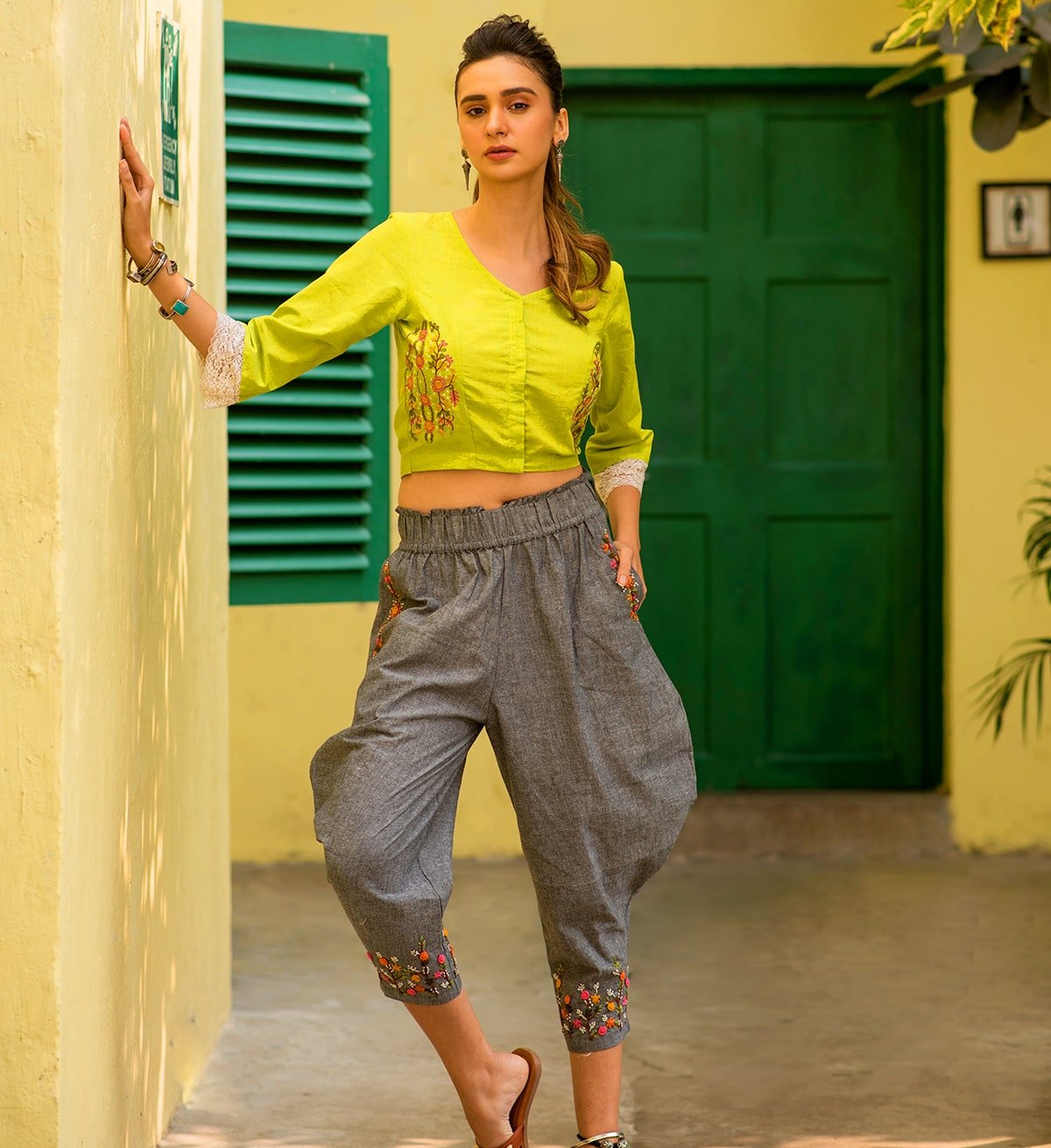 Pitc6644 Premium khadi cotton with designer cuts and embroidery detailing  on it with teselles Design tulip dhoti pants with chiffon du... | Instagram