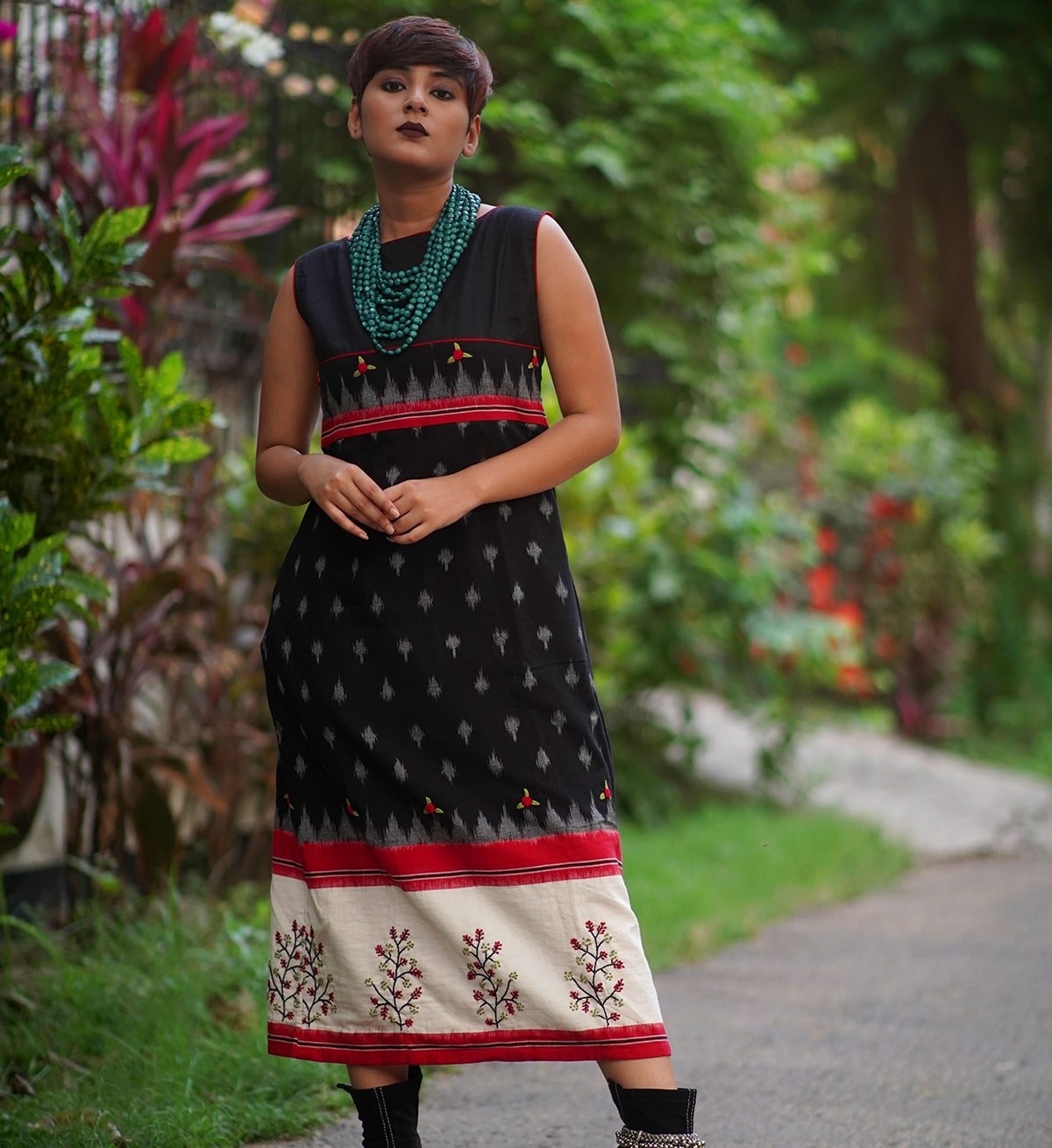 Monochrome Ikat Dress with Hand Embroidery - Koza Gallery