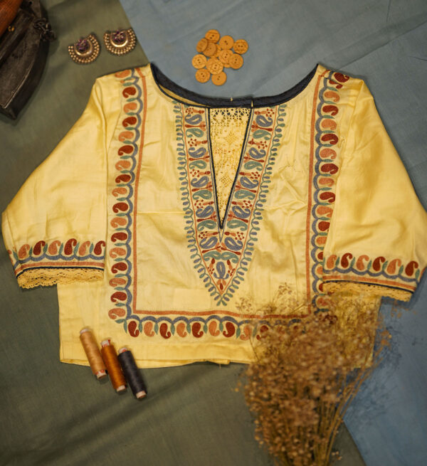 Light Yellow Cotton Silk Blouse With Paisley Embroidery
