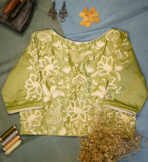 Olive Green Cotton Silk Blouse With Hand Embroidery