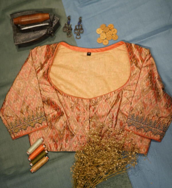 Peach Ikat Silk Blouse With Embroidery
