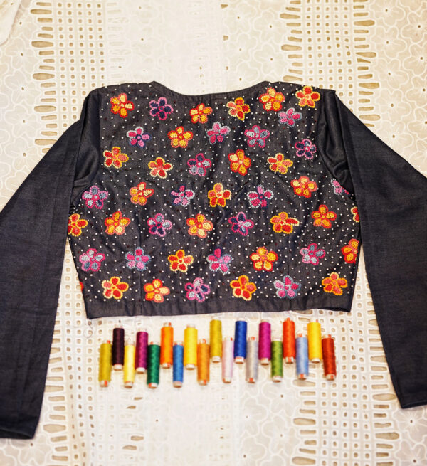 Denim Blouse With Multi Hand Embroidery