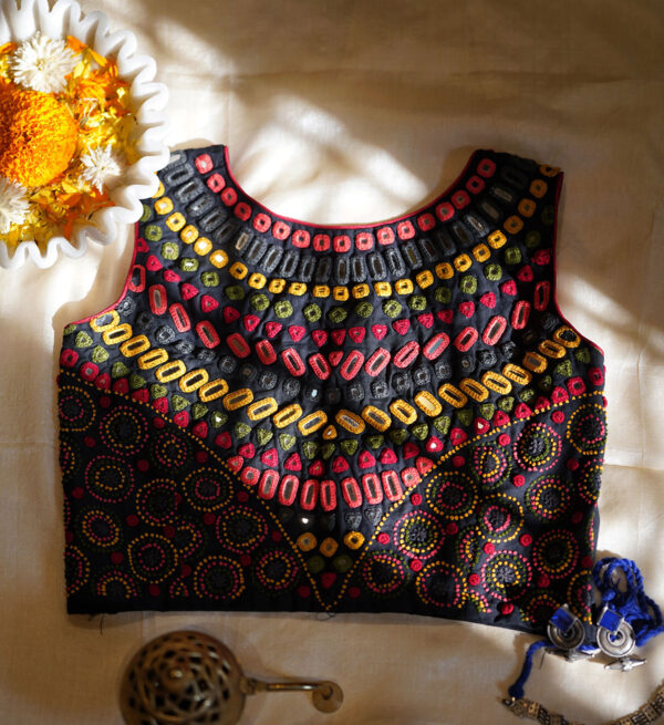 Navy Blue Cotton Blouse With Mirror Work And Hand Embroidery