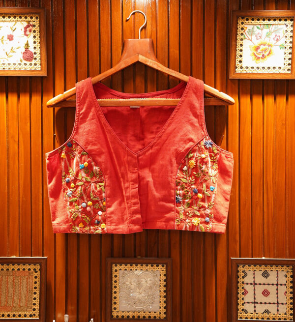 Red Cotton Ikat Blouse With Hand Embroidery