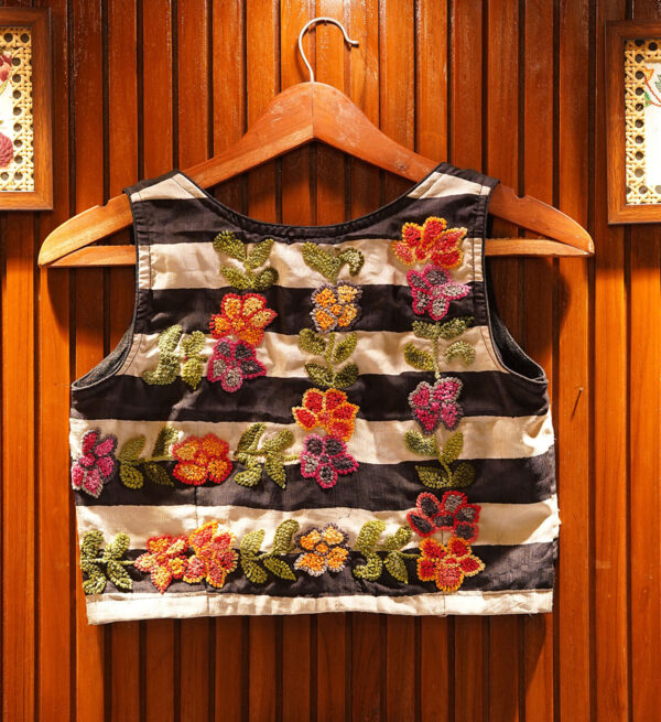 Striped Silk Blouse With Multi Hand Embroidery