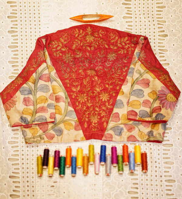 Pen Kalamkari Tussar Silk Blouse With Embroidery