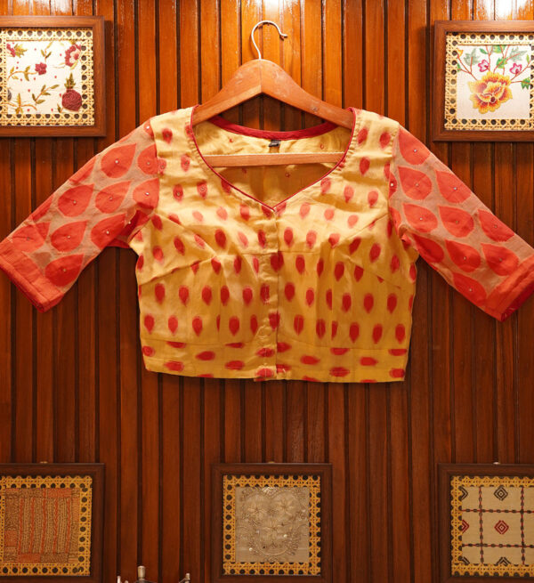 Red And Beige Chanderi Blouse With Mirror Embroidery