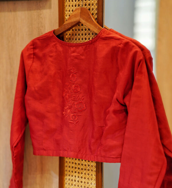 Red Silk Blouse With Tone On Tone Embroidery