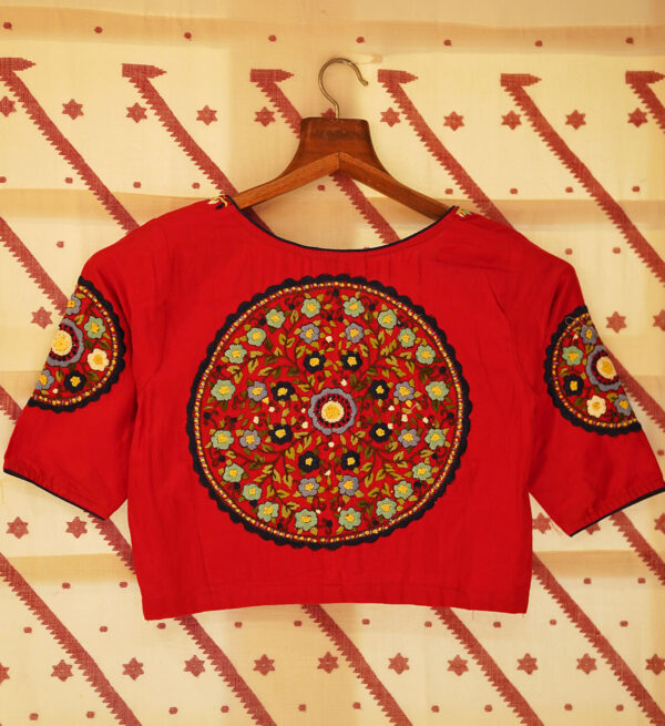 Red Cotton Silk Mandala Hand Embroidered Blouse