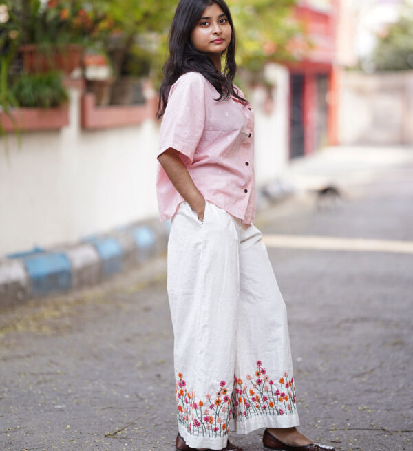 White Relaxed Pants With Hand Embroidery