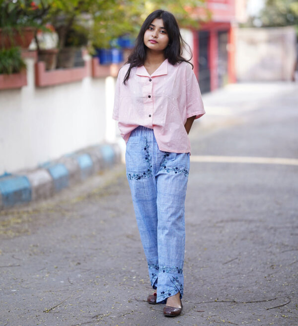 Powder Blue Straight Pants With Hand Embroidery