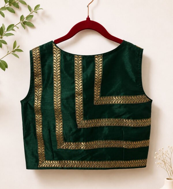 Emerald Green Raw Silk Blouse With Lace Paneling