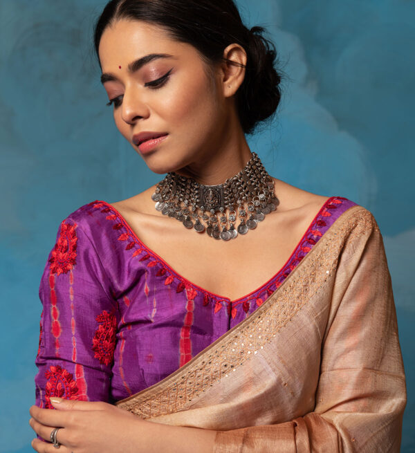 Tussar Silk Blouse with Shibori and Hand Embroidery