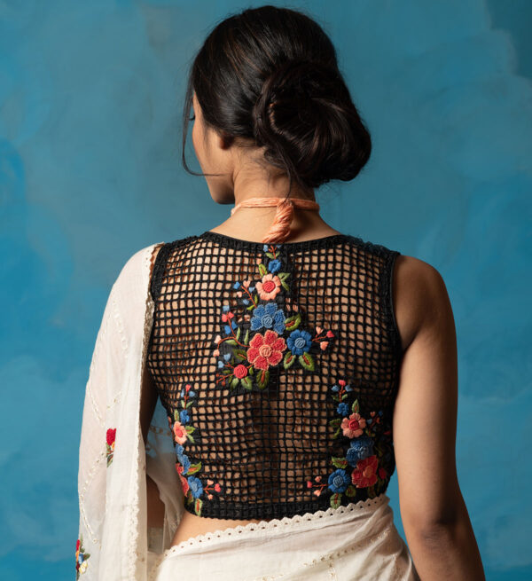 Black Cotton Silk Blouse with Cutwork and Hand Embroidery