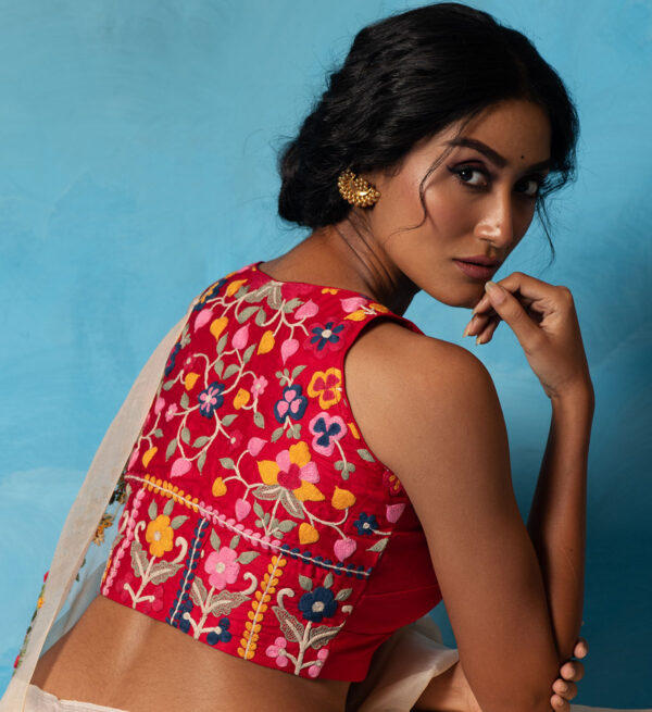 Red Cotton Silk Blouse with Heavy Embroidery