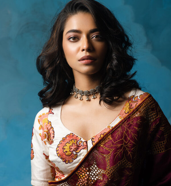 White Block Printed Silk Blouse with Embroidery