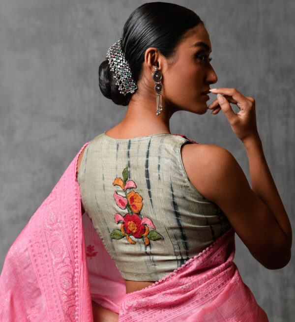 Tussar Shibori Blouse with Embroidery