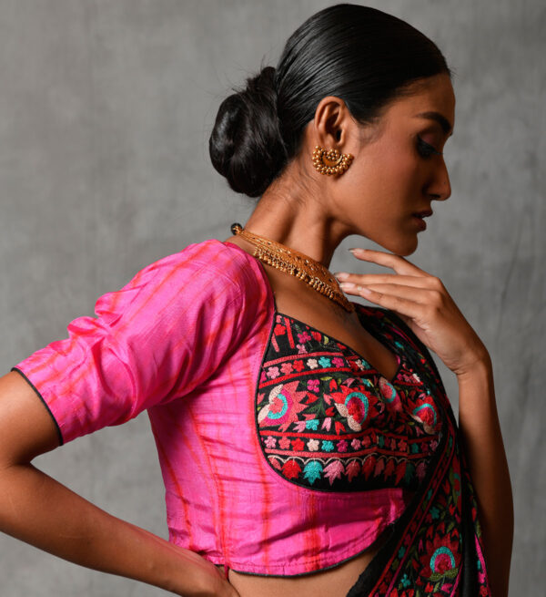 Fushcia Shibori Tussar Blouse with Embroidery