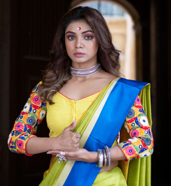 Yellow Hand Woven Spun Cotton Blouse with Rabari Inspired Embroidery